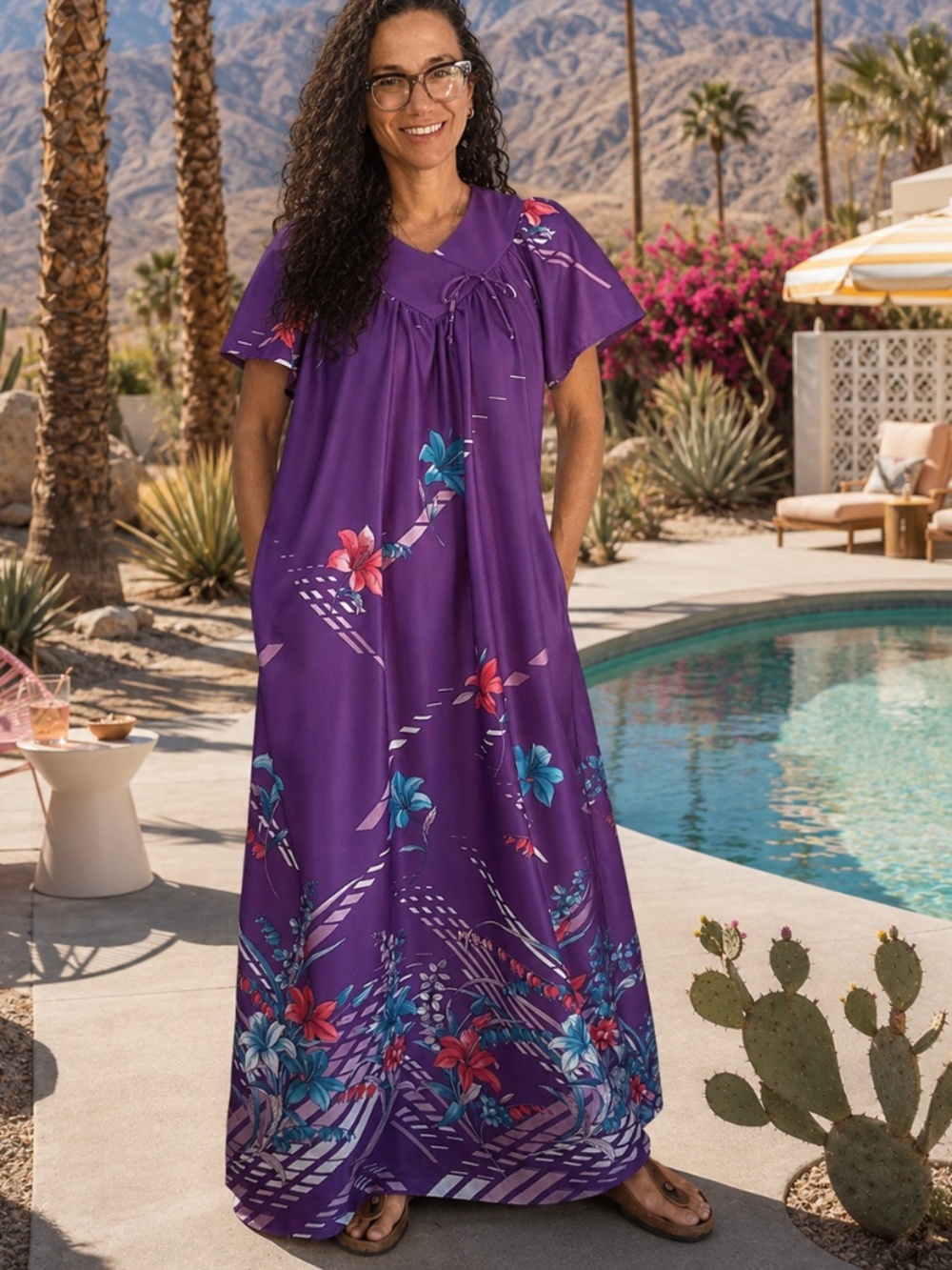 Vtg 70s California Miss purple orchid print short sleeve long mumu muumuu sz M